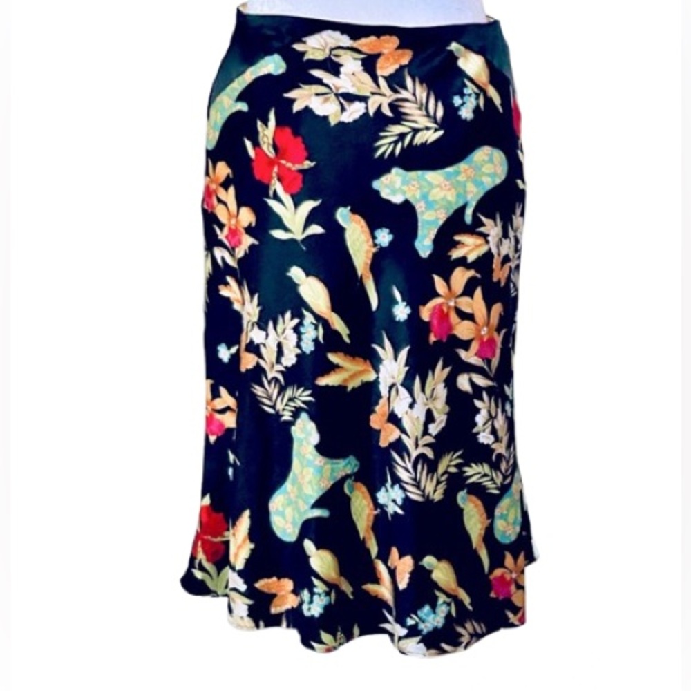 Vintage Cats & Flowers Silk Tori Richard Skirt Leopard Bird Floral Small